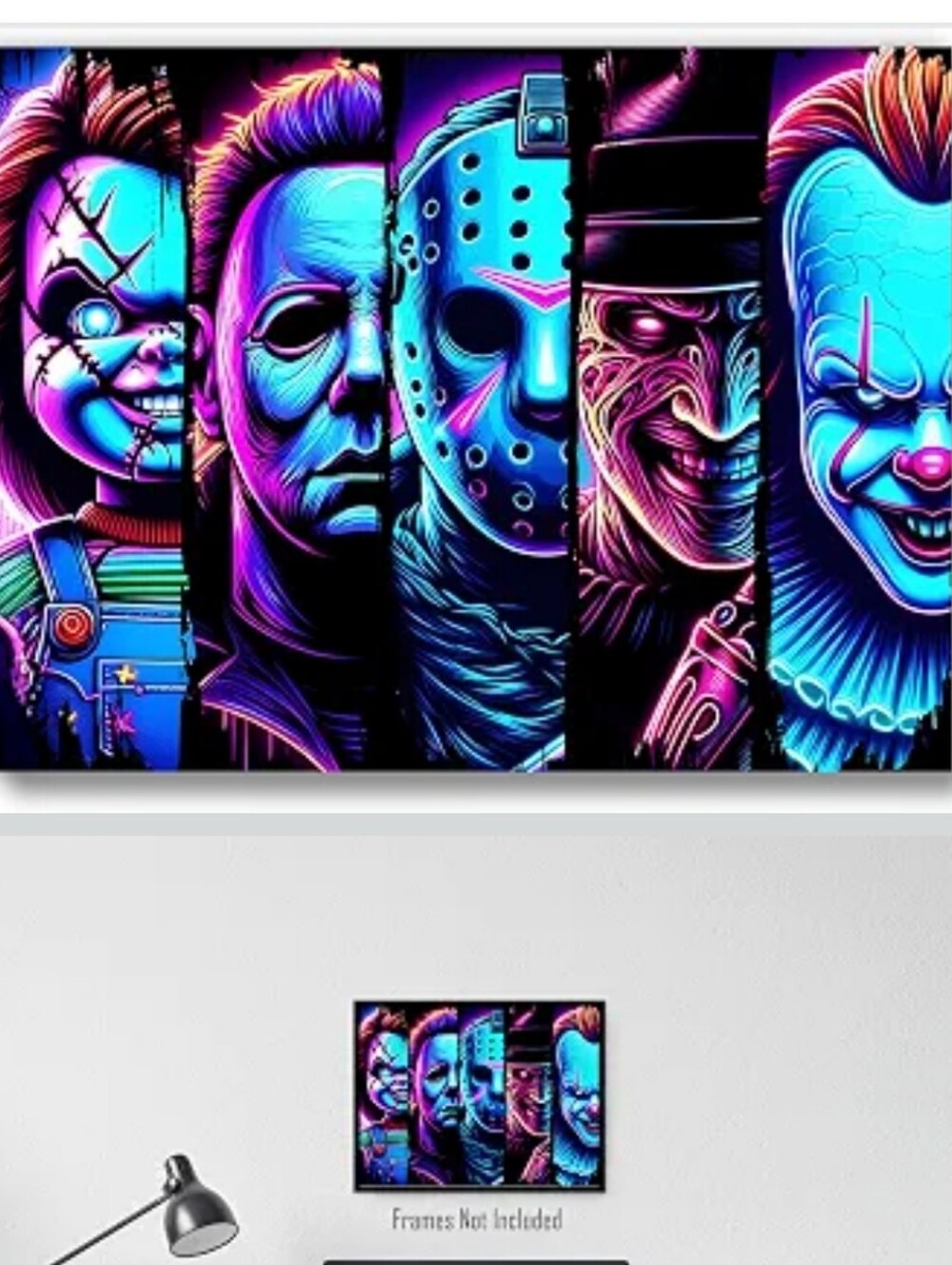 Vibrant Neon Horror Characters Wall Art Print - Blue/Purple